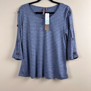 Brina + Em Size S Blue Blue Stripe V Neck 3/4 Sleeve Button Detail Casual Top